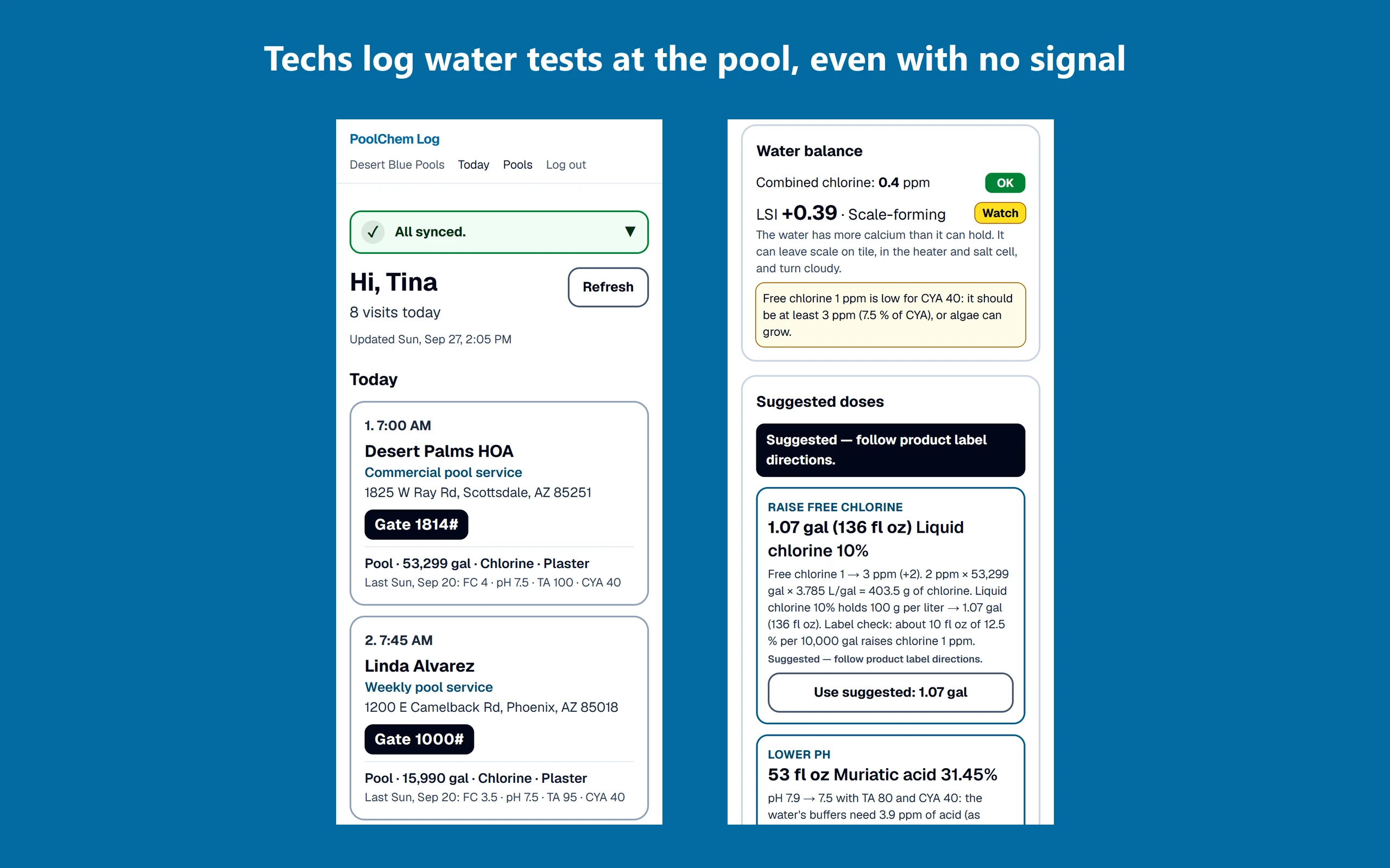 A tech's route for today and the water balance and suggested doses for one pool
